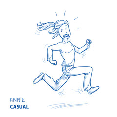 Young woman in casual clothes running for her life. Hand drawn line art cartoon vector illustration.