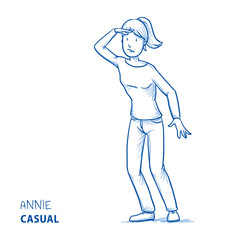 Young woman in casual clothes holding a hand above her eyes, searching for something. Hand drawn line art cartoon vector illustration.