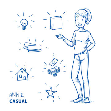 Happy young woman in casual clothes holding hand up for presenting something (with icons for product packaging, house, idea, card, money, star). Hand drawn line art cartoon vector illustration.