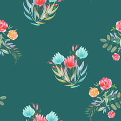 Seamless pattern with the simple watercolor floral bouquets, hand drawn on a dark green background