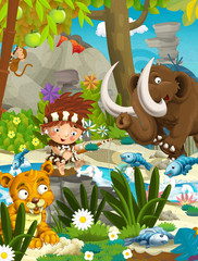 The cavemen - stone age family - mammoth - happy illustration for children
