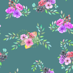 Seamless pattern with the simple watercolor floral bouquets, hand drawn on a green background
