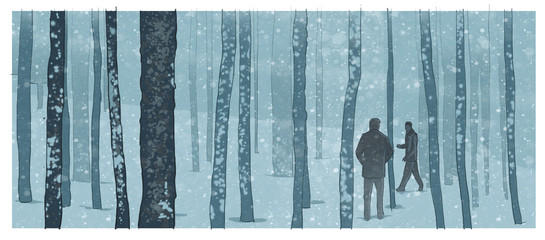 Men in a winter forest illustration