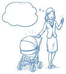Happy young woman in business clothes with baby in a stroller and mobile phone. Hand drawn line art cartoon vector illustration.