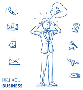 Stressed young man in business suit in panic with alarm bell in a thought bubble as if he forgot something to do or is late. Hand drawn line art cartoon vector illustration.