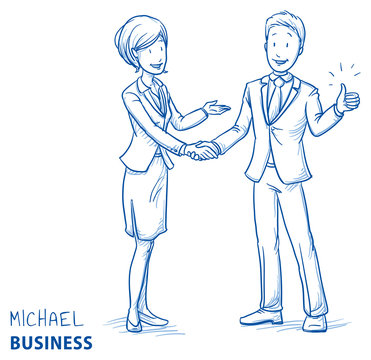 Happy young man in business clothes showing thumb up and shaking hands with a business woman. Hand drawn line art cartoon vector illustration.