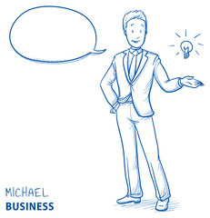 Happy young man in business suit pointing upwards to light bulb, concept for idea. Hand drawn line art cartoon vector illustration.