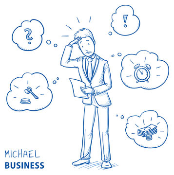 Confused young man in business suit holding a letter or document, looking concerned. Hand drawn line art cartoon vector illustration.