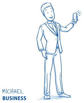Happy young man in business suit taking a photo with his mobile phone. Hand drawn line art cartoon vector illustration.