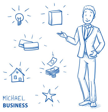 Happy young man in business suit holding hand up for presenting something (with icons for product packaging, house, idea, card, money, star). Hand drawn line art cartoon vector illustration.