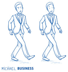 Happy young man in business suit walking, in two emotions, happy and angry. Hand drawn line art cartoon vector illustration.