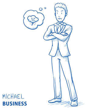 Angry young man in business suit with folded arms and dark cloud in a thought bubble. Hand drawn line art cartoon vector illustration.
