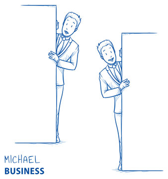 Happy and interested young man in business suit peering behind a wall in two emotions. Hand drawn line art cartoon vector illustration.