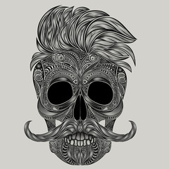 Hipster hair and a mustache. Vector human skull made of flowers.
