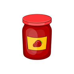 Jar of strawberry jam icon in cartoon style isolated on white background