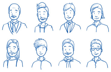 People collection men. Set of various happy men in business and casual clothes, mixed age expressing positive emotions. Hand drawn line art cartoon vector illustration.