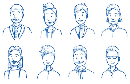 People collection men. Set of various happy men in business and casual clothes, mixed age expressing positive emotions. Hand drawn line art cartoon vector illustration.