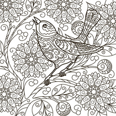 vector, contour, illustration, abstraction, blooming branch, bird on a branch, floral, element for design, coloring book, doodle style