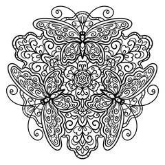 vector, contour, mandala, illustration, flower, butterfly, coloring book