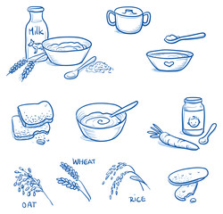 Set of different icons for preparing baby baby food. With milk, bowl, spoon, biscuit, cereals . Hand drawn cartoon vector illustration.