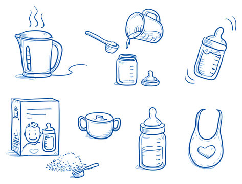 Set Of Different Icons Or Steps For Preparing Baby Milk / Baby Food. With Baby Bottle, Milk Powder, Kettle, Bib, Water. Hand Drawn Cartoon Vector Illustration.