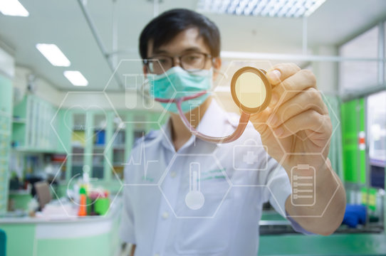 Medicine doctor working with modern computer interface as concept