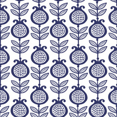 Vector seamless illustration with pomegranates on a white background. Blue garnet. Floral Pattern.