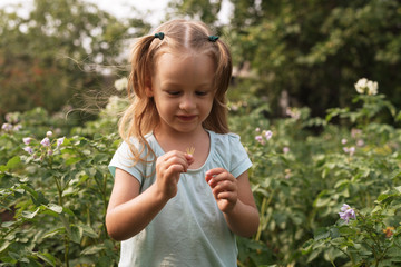 Little girl standing in the summer garden