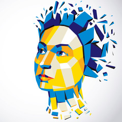 3d vector illustration of human head created in low poly style.