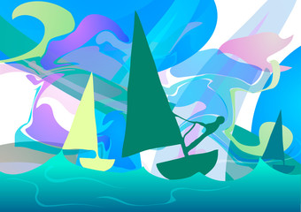 Vector illustration. Sailing. Boat silhouettes on colorful abstract background.