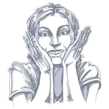Hand-drawn portrait of white-skin surprised happy woman, gesturi