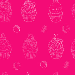illustration with the image of cakes. pattern made white outline on a bright pink background. Vector