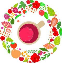 Illustration of red tea cups on top in a frame  leaves, berries and flowers  , orange  green colors   white background. Vector