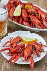 Red boiled crayfish and a glass of beer.vertical