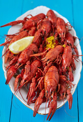 Boiled red crayfish on a white dish with lemon on blue surface.