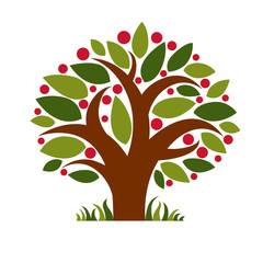 Tree with ripe apples, harvest season theme illustration. Fruitf