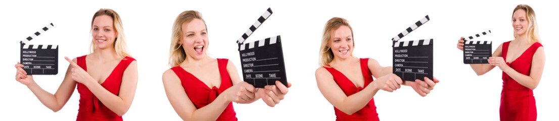 Red dress girl holding clapboard isolated on white