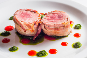 Chateaubriand steak in chimichurri sauce with bacon and sharp drops kyuli