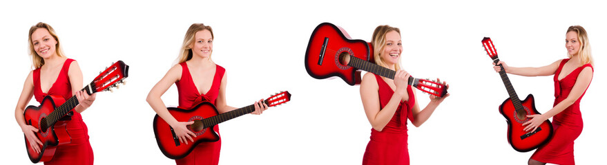 Pretty girl holding guitar isolated on white