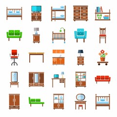 Furniture, icons, colored. Vector icons of modern furniture for home and office. A color image on a white background. A flat image. 