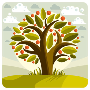 Fruity tree with ripe apples placed on stylized background. Weal