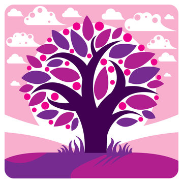 Fruity tree with ripe apples placed on stylized purple backgroun