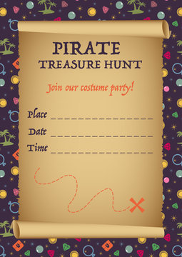 Pirate Treasure Hunt Invitation Card Design, Vector Template