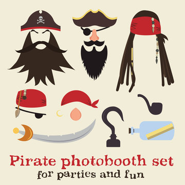 Vector set of pirate elements. Pirate photo booth props collection. Pirate dreadlocks, beards, mustaches, eyebrows, hats, bandanas, noses, eye patches, hook, sword, pipe, save bottle