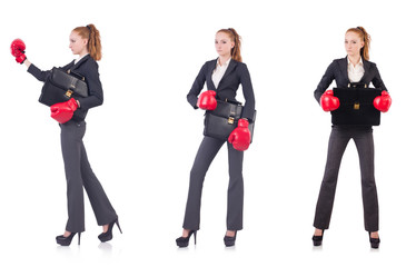 Fototapeta na wymiar Woman businesswoman with boxing gloves on white