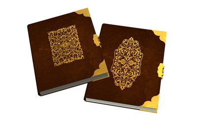two old leather books with metal ornaments isolated on a white