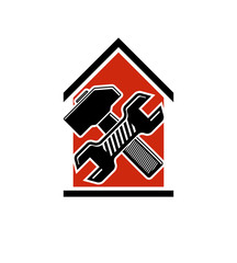 Spanner and mallet crossed, industrial utensil, building constru