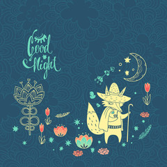 childish vector background with fox. doodle illustration with moon, flowers and cute cartoon character