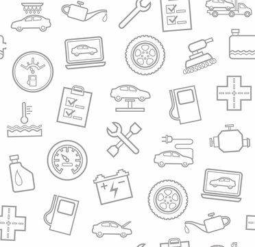 Repair and maintenance of vehicles, seamless white background. Vector flat background with drawings of services an auto repair shop. Gray, linear image on a white background. 