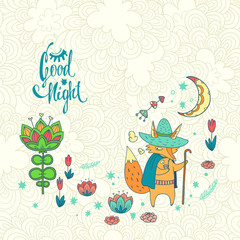 childish vector background with fox. doodle illustration with moon, flowers and cute cartoon character